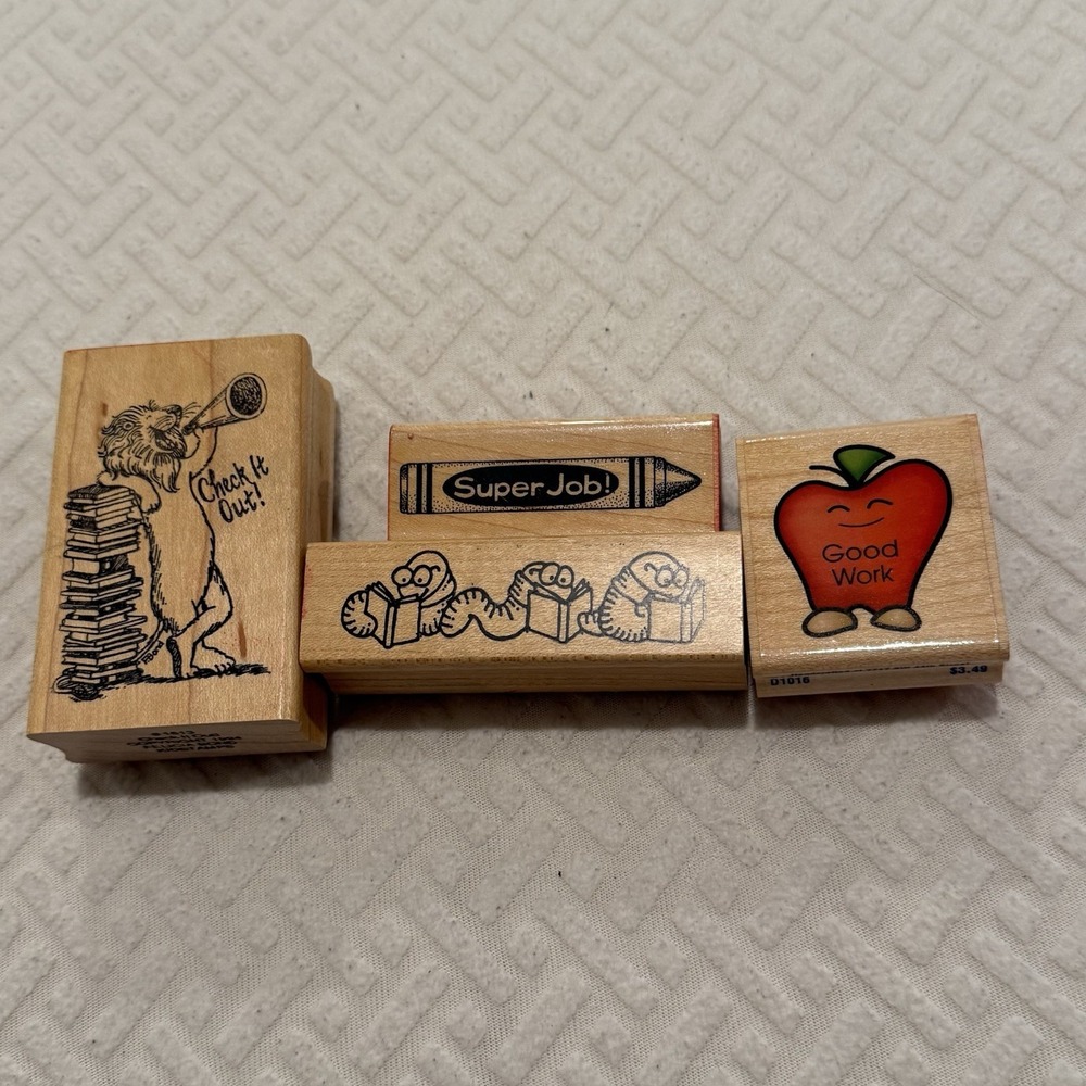 Vintage Kidstamps Wooden Rubber Stamps Lot Teacher Inch Worm Apple Crayon Retro